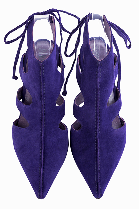 Violet purple women's open back shoes, with an instep strap. Pointed toe. High spool heels. Top view - Florence KOOIJMAN